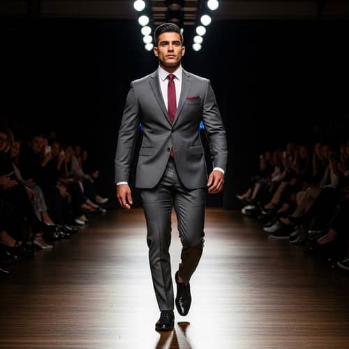 Hispanic Male Model Striding Down Runway in Stylish Suit
