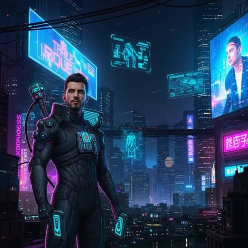 Futuristic Cyberpunk Art: Roque in Neon-Lit Cityscape