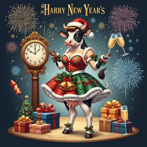 Whimsical Cow in Vintage Pin-Up Outfit | New Year Festive Scene