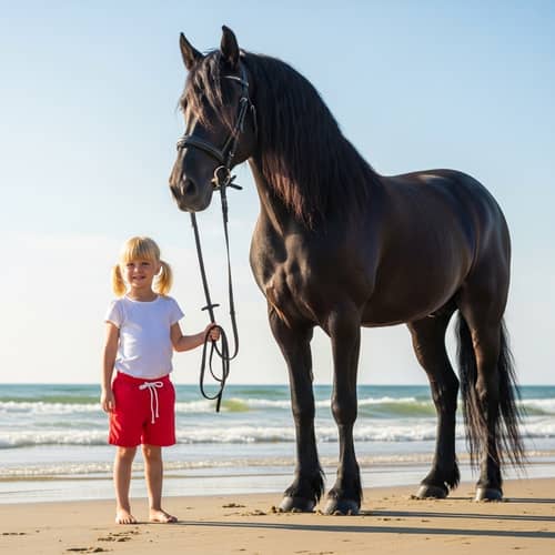 Blonde Girl with Black Horse on Sunny Beach