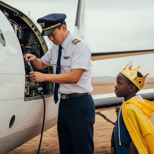 Asian Male Pilot Repairing Airplane in Desert | Young Boy Watching