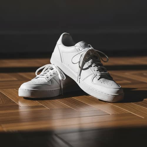 White Nike Dunk Low Sneakers on Glossy Parquet Floor | Elegance and Sophistication