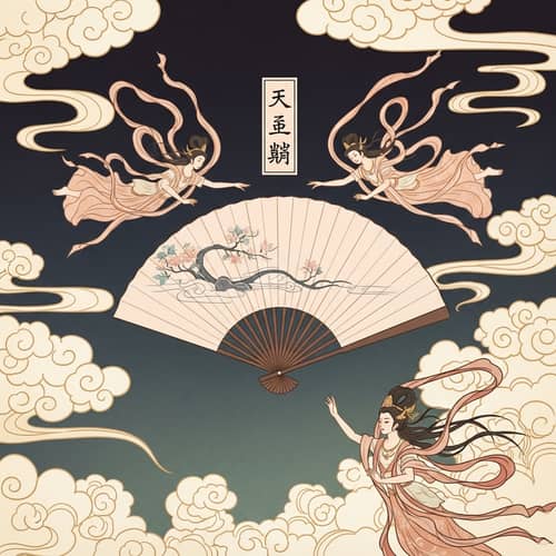 Dreamy Dunhuang Style Pale Color Fan with Apsaras and Auspicious Clouds