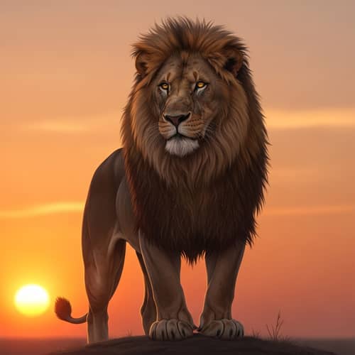 Majestic Ancient Lion with Piercing Eyes Standing at Sunset