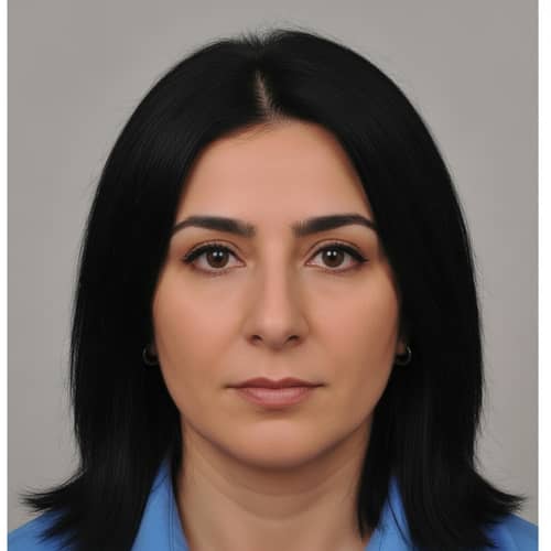 Middle-Eastern Woman Passport Photo in Blue Collared Shirt