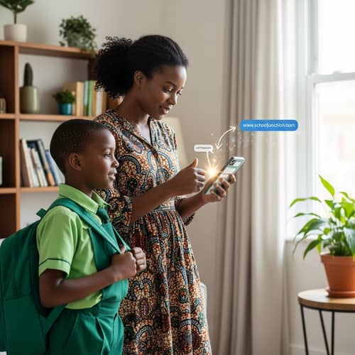 Home Environment Learning: African Woman and Student at School Junction