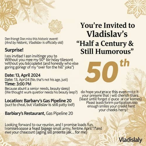 Humorous 50th Birthday Party Invitation: Celebrate with Vladislav!