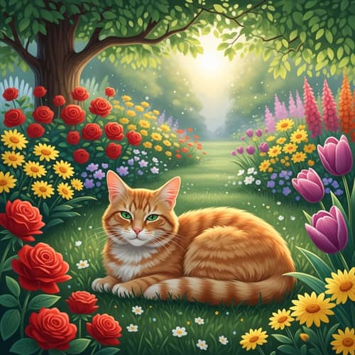 Lush Green Garden with Cat - Serene Home for Adorable Ginger Cat