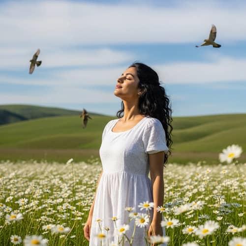 Serene South Asian Woman in Sunlit Daisy Field