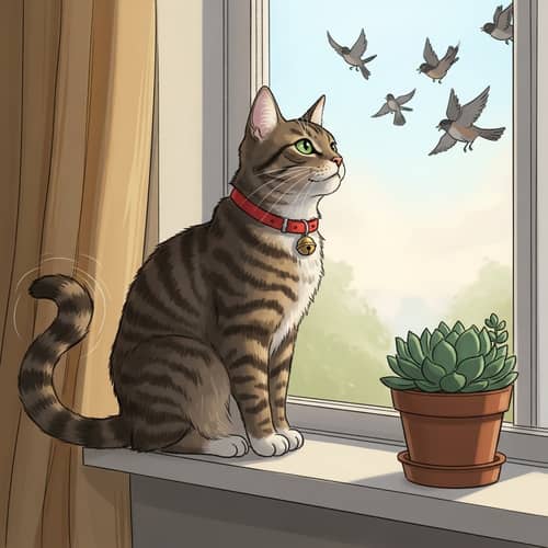 Tabby Cat Watching Birds | Peaceful Scene with Succulent Plant
