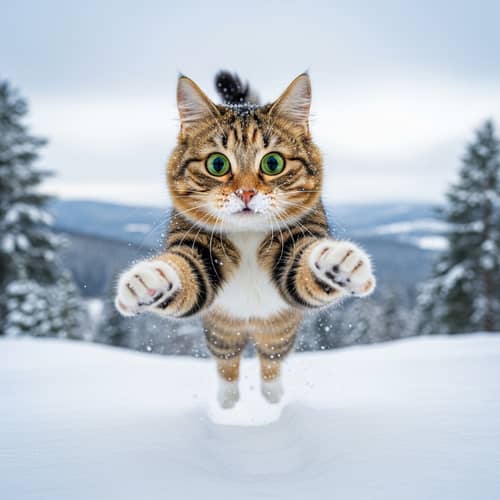 Playful Cat Leaping in Snowy Landscape - Cute Pet Photography