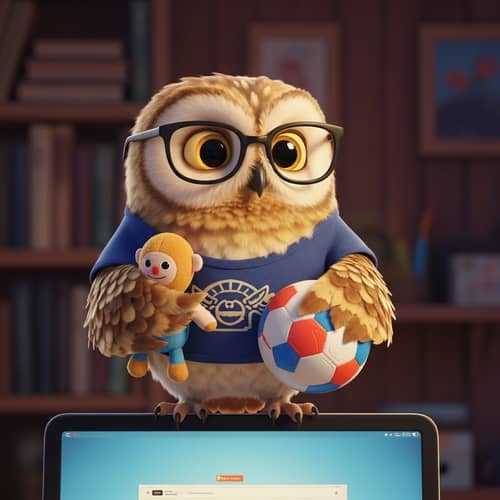 Adorable Owl Perched on Computer with Plush Doll and Soccer Ball