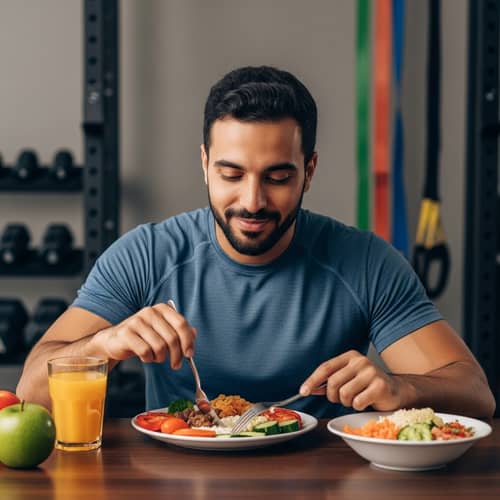 Middle-Eastern Male Sports Enthusiast Eating Nutritious Meal for Energy Replenishment