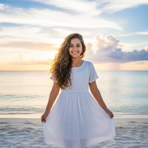 Serene South Asian Girl on Peaceful Beach | Sunset Glow