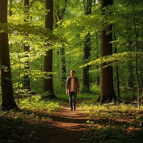 Young Adult Hiking in Sunlit Woodland