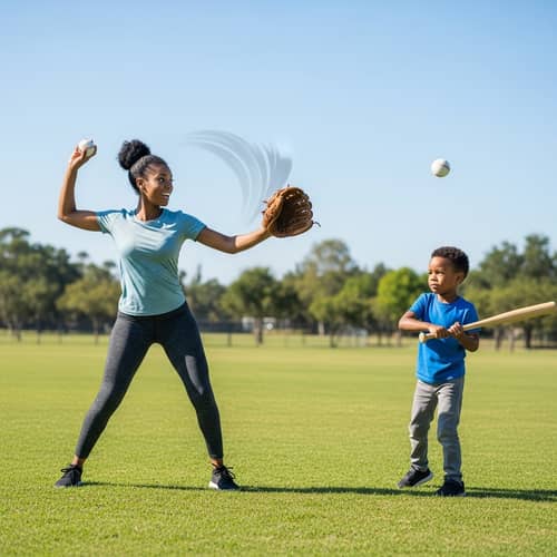 Young Black Mother Teaching Son to Hit Baseball