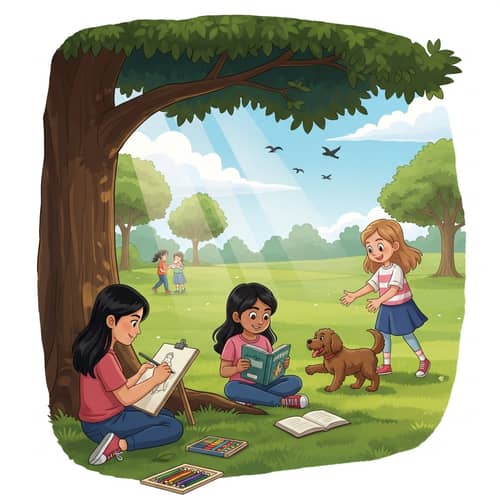 Park Scenes with Diverse Girls: Sketching, Reading, Playing