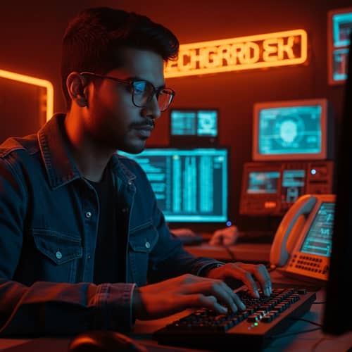 South Asian Male Hacker: Cyberpunk Era Intensity