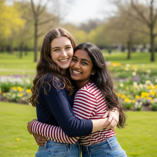 Diverse Girls Embracing in Park | Heartwarming Friendship Moment