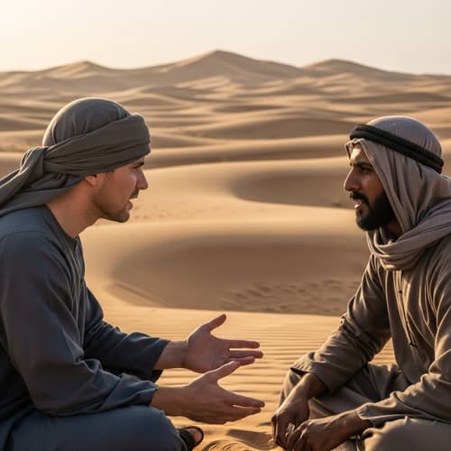 Desert Conversation Between Caucasian and Middle-Eastern Men