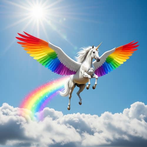 Majestic Rainbow Unicorn Soaring in Sunny Sky