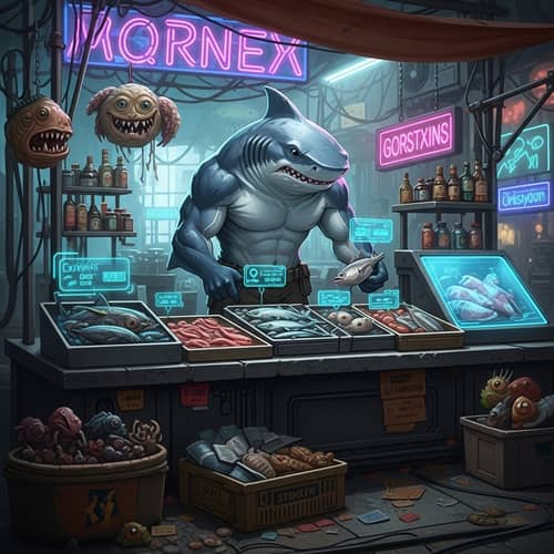 Dystopian Future Shark-Humanoid Creature Entrepreneur in Vibrant Market