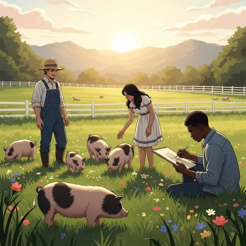 Miniature Pigs Enjoying a Vibrant Pastoral Scene