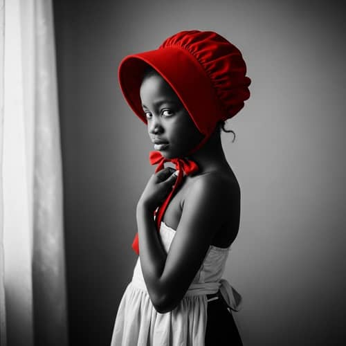 Black and White Vintage Photo of Young Black Girl in Red Bonnet