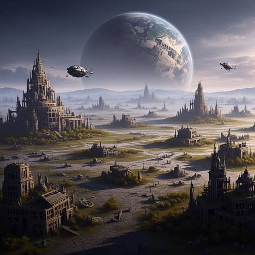Defeated Planet: Surreal Scene of Ruins and Desolation