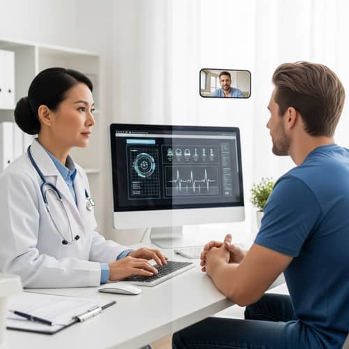 Dynamic Telemedicine Scene: Asian Female Doctor & Caucasian Male Patient