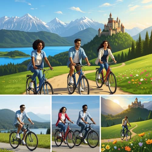 Diverse Group Cycling Through Scenic Landscapes