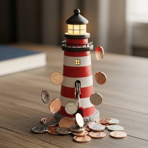 Lighthouse Piggy Bank: Saving Heart Coins - Your Financial Planner