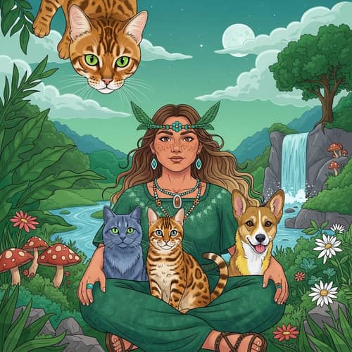 Golden Bengal Cat and Shaman Woman in Enchanted Forest