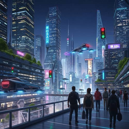 Futuristic City with Skyscrapers and Hover Vehicles