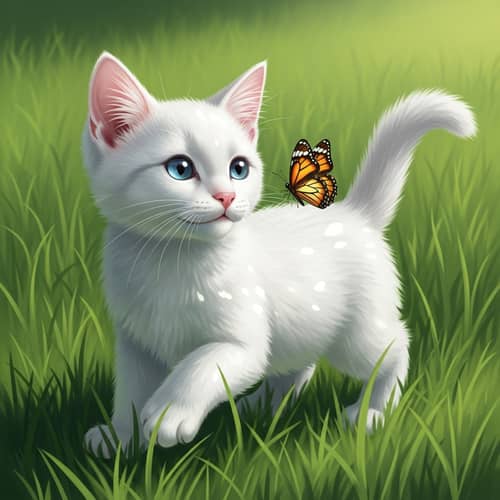 Playful White Cat Frolicking in Green Field | Joyful Nature Scene