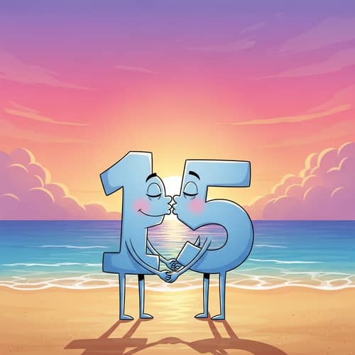 15 Numbers Kissing on Beach Under Pink Sunset