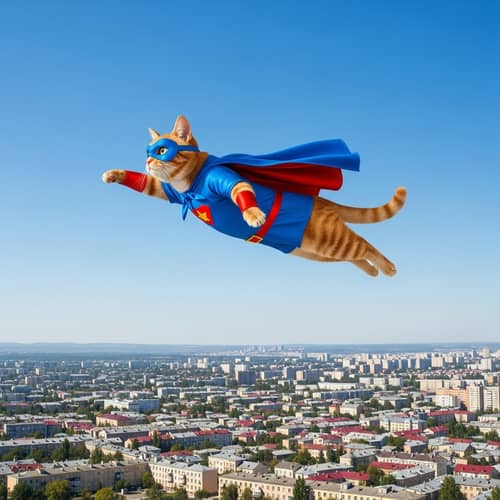 Superhero Cat Soaring in the Sky: Protecting Town Below
