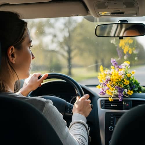 Caucasian Woman Driving Car with Bouquet on Dashboard