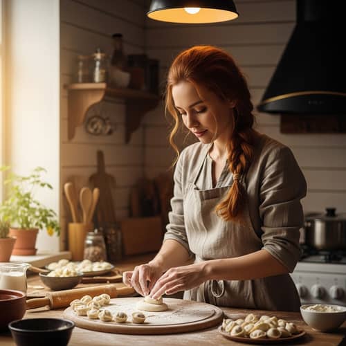 Ukrainian Woman Making Siberian Dumplings in Kitchen