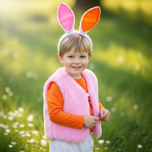 Young Boy with Bunny Ears in Pink, Orange, and White Clothes