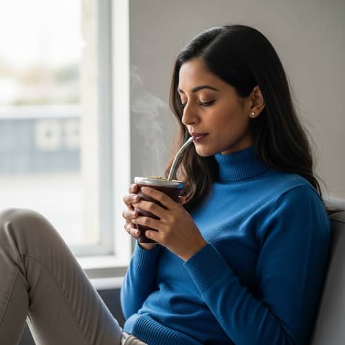 Tranquil South Asian Woman Enjoying Yerba Mate Drink