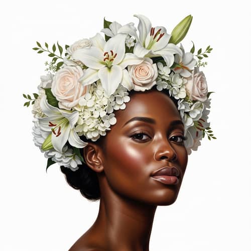 Black Woman Portrait with Floral Headpiece in Hyper-Realistic Style