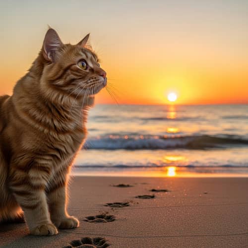Charming Ginger Cat Watching Sunset on Sandy Beach