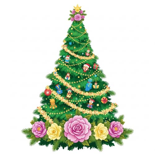Green Christmas Tree with Floral Ornaments and Flower Crown