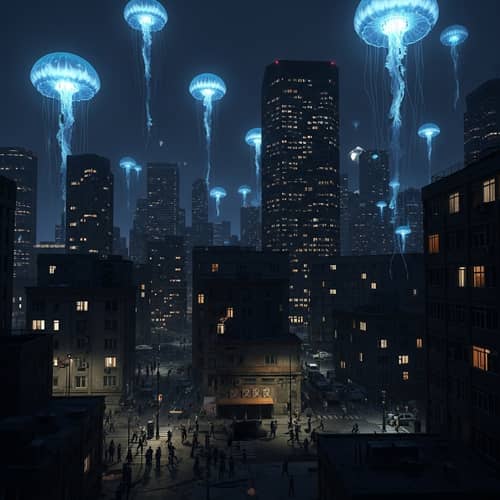 Dark City Invasion: Alien Jellyfish in Futuristic Urban Landscape