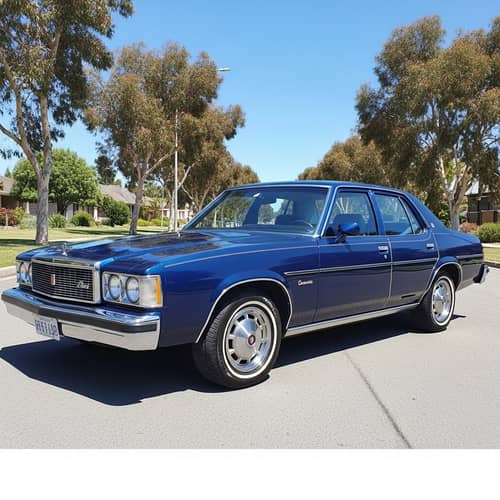 Classic Deep Blue Sedan Car on a Sunny Street