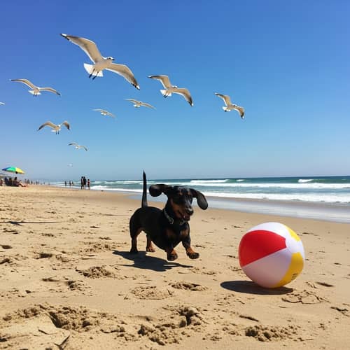 Lively Dachshund Playing on Sunlit Beach with Seagulls