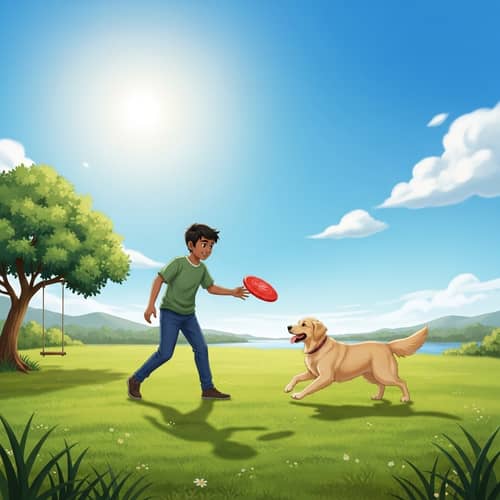 Playful Interaction: Boy and Golden Retriever in Grassy Field