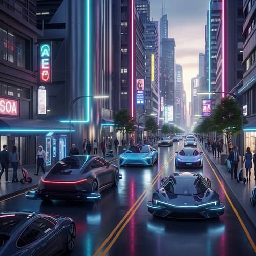 Futuristic Cityscape with Advanced Electric Vehicles