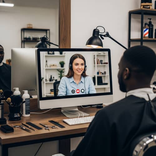 Friendly Female Support Team Helps Barber via Video Call